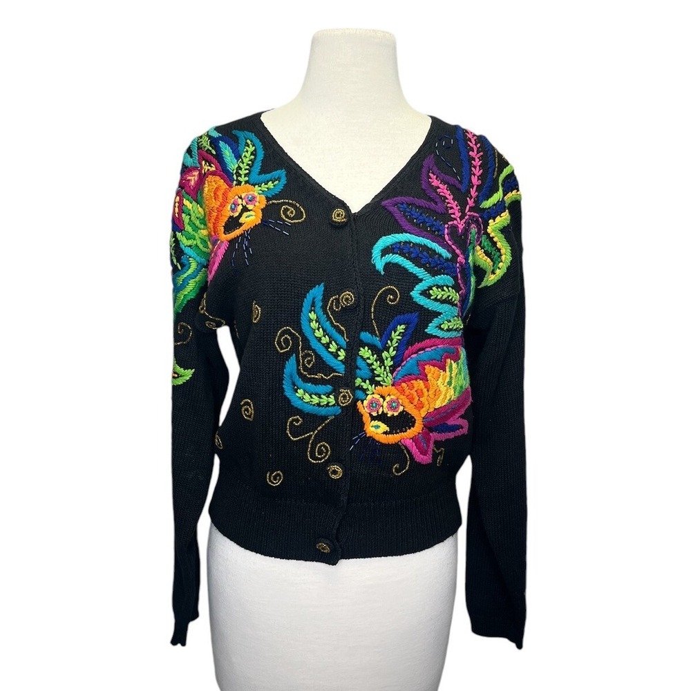 Vtg Knitting Needles Cardigan Beaded Embroidered Fish Colorful Medium 80s 90s